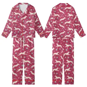 Greyhound Lovers' Fuchsia Pink Abstract Greyhound Folk Art Floral Geometric Repeat Kid Satin Pajamas Set