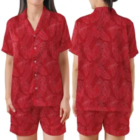 Women's Vibrant Red Ostrich Feather Trim & Plume Pattern Luxurious Sleep Set Satin Short-Sleeve Pajamas Set