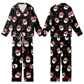 Festive Holiday: Black Santa Sunglass Heads & Holly Pattern - Vector All-Over Print Kid Satin Pajamas Set