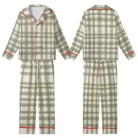 Women's Rustic Khaki Green Plaid Linen Comfort Ensemble Kid Satin Pajamas Set