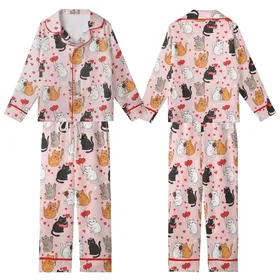 Cat Mom Women's Valentine Illustrative Cuddling Cats & Red Hearts Polyester Spandex Pajamas Set Kid Satin Pajamas Set