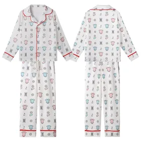 New Parents' Minimalist Romper & Sewing Motif Pattern Print Satin Short-Sleeve Pajamas Set