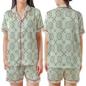 Women's Refined Pale Pistachio Green Black Seamless Interlocking Geometric Botanical Pattern Satin Short-Sleeve Pajamas Set