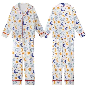 Dreamers' Seamless Whimsical Indigo Blue Moon Golden Star Sleeping Animals Pattern Kid Satin Pajamas Set