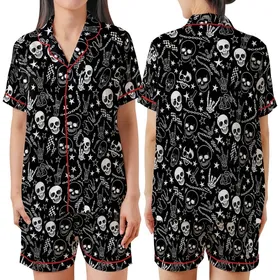 Alt Style Enthusiasts' Black White Illustrative Skull Skeleton Hands Rock Gesture Grunge Pattern Satin Short-Sleeve Pajamas Set