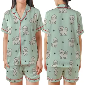 Dog Lovers' Minimalist Flat Art Fluffy Long-Haired Dog Seamless Pattern Mint Green Charcoal Off-White Satin Short-Sleeve Pajamas Set