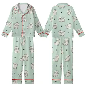 Dog Lovers' Minimalist Flat Art Fluffy Long-Haired Dog Seamless Pattern Mint Green Charcoal Off-White Kid Satin Pajamas Set