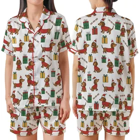 Dachshund Lovers' Whimsical Christmas Dachshunds Red Santa Hat Sweater Green Yellow Gifts HO-HO-HO Pattern Satin Short-Sleeve Pajamas Set