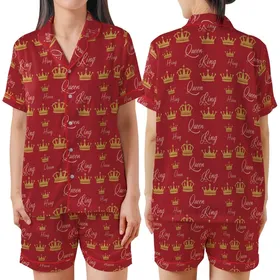 Royal Style Enthusiasts' Ruby Red King Queen Crown Matte Gold Rose Gold Script Seamless Pattern Satin Short-Sleeve Pajamas Set