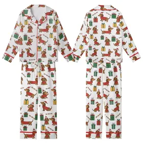 Dachshund Lovers' Whimsical Christmas Dachshunds Red Santa Hat Sweater Green Yellow Gifts HO-HO-HO Pattern Kid Satin Pajamas Set