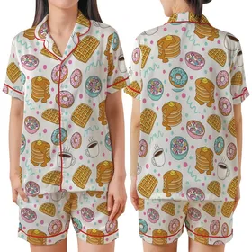 Pancakes & Pajamas Whimsical Golden Breakfast Food & Aqua Pink Confetti Pattern Sleep Set Satin Short-Sleeve Pajamas Set