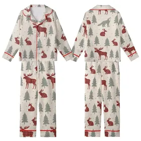 Winter Season Lovers' Rustic Beige Red Plaid Animal Forest Muted Pine Tree Snowflake Pattern Kid Satin Pajamas Set