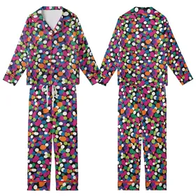 Abstract Style Lovers' Vibrant Multi-Color Organic Shape Scatter Design Solid Black Background Kid Satin Pajamas Set
