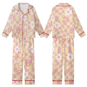 Retro Style Enthusiasts Cheerful Groovy Pastel Pink Yellow Checkerboard Warped Grid White Daisy Design Kid Satin Pajamas Set
