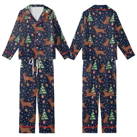 Festive Dog Lovers' Whimsical Navy Blue Labrador Reindeer Antler Gingerbread Christmas Pattern Kid Satin Pajamas Set