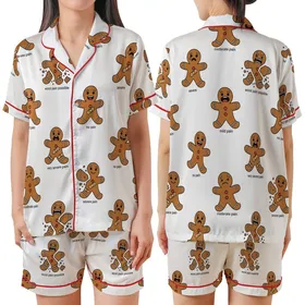 Festive Gingerbread Friends Pattern: Six Expressive Cookie Characters Holiday Sleep Set Satin Short-Sleeve Pajamas Set