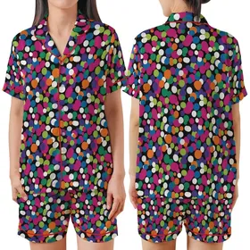 Abstract Style Lovers' Vibrant Multi-Color Organic Shape Scatter Design Solid Black Background Satin Short-Sleeve Pajamas Set
