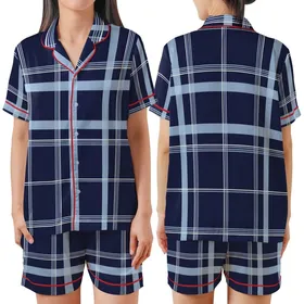 Classic Style Enthusiasts' Intricate Deep Navy Blue Tartan Plaid Pattern with Layered Sky Blue and Crisp White Grid Satin Short-Sleeve Pajamas Set