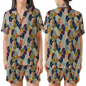Earthy Aesthetic Enthusiasts' Organic Abstract Layered Shapes Muted Sage Green Pale Blue-Grey Design Satin Short-Sleeve Pajamas Set