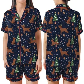 Festive Dog Lovers' Whimsical Navy Blue Labrador Reindeer Antler Gingerbread Christmas Pattern Satin Short-Sleeve Pajamas Set