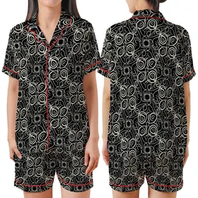 Women's Personalized Satin Long Sleep Set: Elegant Calligraphic Script Black & Off-White Design Satin Short-Sleeve Pajamas Set