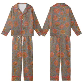 Women's Muted Slate Blue Cotton Pajama Set: Hand-Drawn Floral Block Print Loungewear Kid Satin Pajamas Set