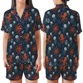 Women's Ocean Octopus Pajamas: Vintage Marine Life Print - Polyester Spandex Sleep Set Satin Short-Sleeve Pajamas Set