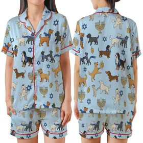 Dog Lovers' Cartoon Hanukkah Celebration Light Blue Pattern with Golden Menorahs & Playful Pups Satin Short-Sleeve Pajamas Set