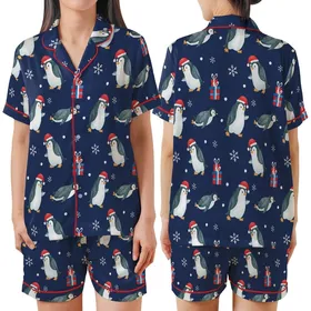 Christmas Pajamas: Whimsical Watercolor Penguin & Gift Print - Soft Polyester Sleepwear Satin Short-Sleeve Pajamas Set
