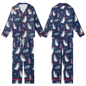 Christmas Pajamas: Whimsical Watercolor Penguin & Gift Print - Soft Polyester Sleepwear Kid Satin Pajamas Set