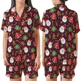 Festive Folks' Deep Maroon Whimsical Holiday Pattern with Cheerful Santa, Gingerbread Men, Reindeer, Candy Canes & White Snowflakes Satin Short-Sleeve Pajamas Set