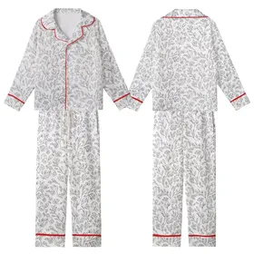 Women's Pure White Black Line Art Delicate Abstract Botanical Repeating Pattern Kid Satin Pajamas Set