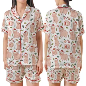 Festive Art Lovers' Whimsical Pink Piggy Santa Hat Green Holly Red Berry Pattern Satin Short-Sleeve Pajamas Set