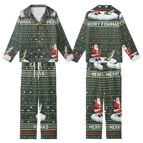 Bass Fisherman Family: Santa Ice Fishing Largemouth Bass 'Merry Fishmas' Poly-Spandex Sleep Set Kid Satin Pajamas Set