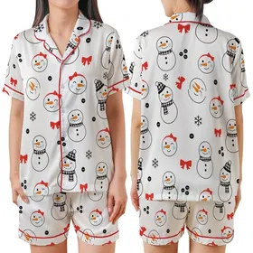Festive Enthusiasts' Cute Cartoon Snowman Pattern with Bright Red Bows & Buffalo Check Scarves Satin Short-Sleeve Pajamas Set