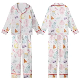 Girls' Watercolor Slumber Party Pajamas: Pink Pizza, Sleep Mask & Movie Night Print Kid Satin Pajamas Set