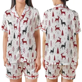 Winter Enthusiasts' Seamless Deep Cranberry Red & Dark Charcoal Grey Deer Pine Tree Snowflake Pattern Satin Short-Sleeve Pajamas Set