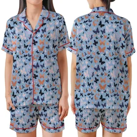 Women's Delicate Butterfly Swarm Pastel Silk Pajama Set: Sky Blue Sleepwear Satin Short-Sleeve Pajamas Set