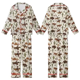 Women's Retro Cowgirl Pajamas: Hand-Drawn Bronc Rider & Saguaro Western Cotton PJs Kid Satin Pajamas Set