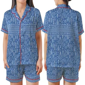 Women's Relaxed Hand Block Cotton Sleep Set: Rustic Pine Tree, Wave, Fish Folk Art Print Satin Short-Sleeve Pajamas Set