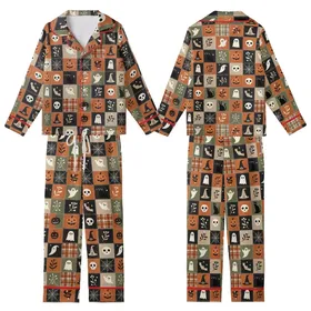 Women's Halloween Patchwork Sleep Set: Quilted Ghost Bat Pumpkin Skull Folk Art Design Kid Satin Pajamas Set