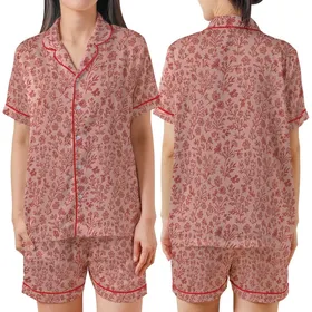 Women's Gentle Skin Loungewear: Rustic Terracotta Wildflower Print Bamboo Cotton Satin Short-Sleeve Pajamas Set