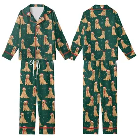 Golden Retriever Lovers' Festive Forest Green Christmas Golden Retriever Pattern with Santa Hats, Scarves, Holly & Snowflakes Kid Satin Pajamas Set