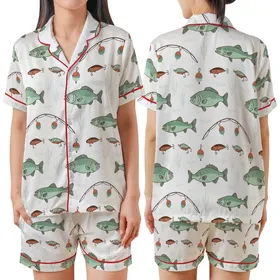 Anglers' All-Over Hand-Drawn Whimsical Fishing Pattern: Bass, Trout, Rods, Lures, Muted Mint, Pale Teal, Earthy Brown Satin Short-Sleeve Pajamas Set