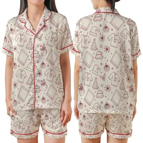 Cozy Christmas Lovers' Red Cream Hand-Drawn Whimsical Scattered Holiday Pizza & Snowman Pattern Satin Short-Sleeve Pajamas Set