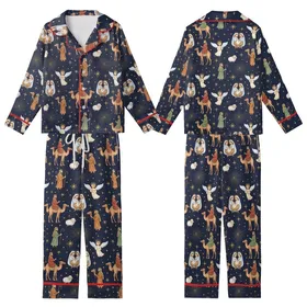 Whimsical Nativity Watercolor Pattern: Manger Scene Angels Wise Men Camels Fabric Print Kid Satin Pajamas Set