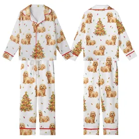 Goldendoodle & Labradoodle Fans: Festive Apricot Doodle Watercolor Christmas Pajama Pants Kid Satin Pajamas Set
