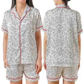 Women's Pure White Black Line Art Delicate Abstract Botanical Repeating Pattern Satin Short-Sleeve Pajamas Set