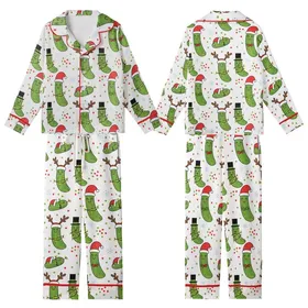 Family's Funny Pickle Christmas Pajamas: Cartoon Santa Hat, Reindeer Antler & Lights Pattern Kid Satin Pajamas Set