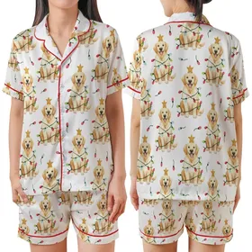 Golden Retriever Lover's Cream Pajamas: Hand-Painted Watercolor Christmas Lights Dog & Gold Star Satin Short-Sleeve Pajamas Set